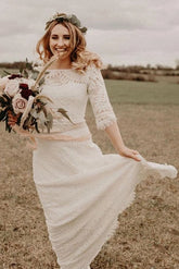 Ivory A-line Lace Bateau Neck 3/4 Sleeves Bridal Dresses Floor-length Wedding Dresses
